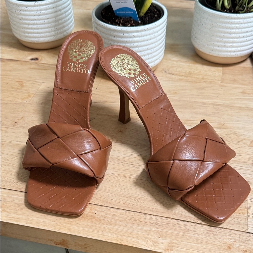 Vince Camuto Tan Woven Heeled Mules Brand New